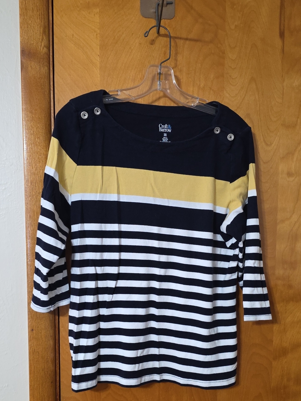 Croft & Barrow Navy, White & Yellow Striped Boatneck Top